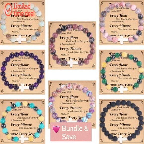 8-Piece Natural Stone Cross Bracelet Set, Stretch Fit, Christian Jewelry - Picture 2 of 8